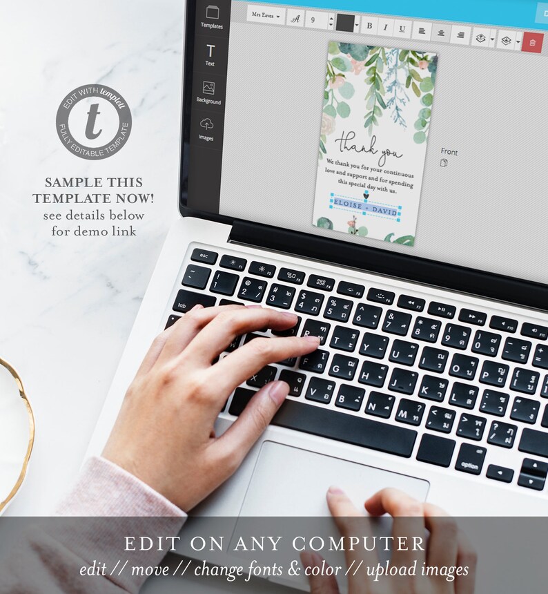 May include: A laptop computer with a screen showing a thank you card template with a watercolor floral design. The text on the card reads "Thank you. We thank you for your continuous love and support and for spending this special day with us. Eloise & David."
