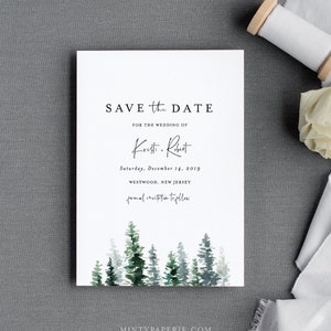 Pine Save the Date Template, Rustieke Winter Groenblijvende Trouwdatum Afdrukbare, Bewerkbare Tekst, Instant Download, Templett, 4x6, 5x7 #073-141SD