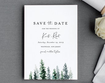 Pine Save the Date Template, Rustic Winter Evergreen Wedding Date Printable, Editable Text, Instant Download, Templett, 4x6, 5x7 #073-141SD