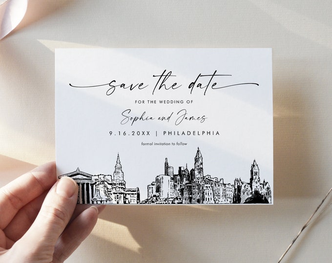 Philadelphia Skyline Save the Date, Destination Wedding Philadelphia Wedding Date, Editable Template, Instant, Templett, 5x7 #0047-212SD