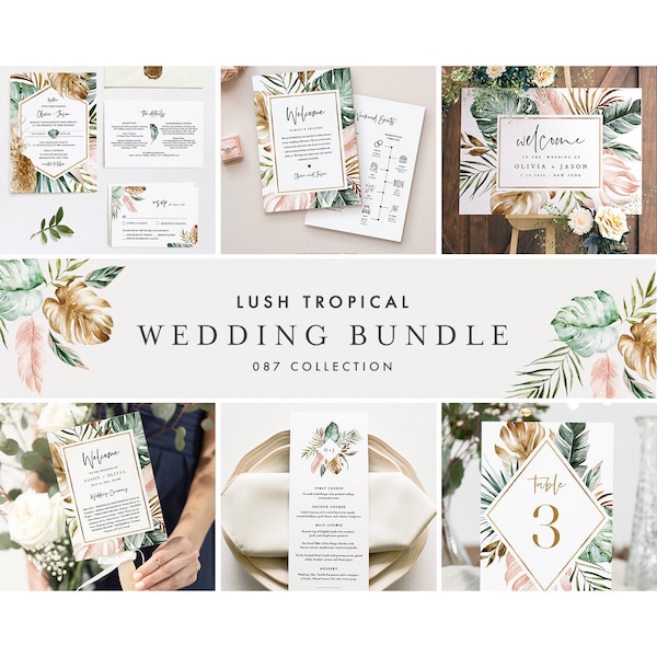 Bundle de mariage tropical, modèles essentiels de mariage sur la plage, suite d’invitations, texte 100 % modifiable, téléchargement instantané, Templett #087-BUNDLE