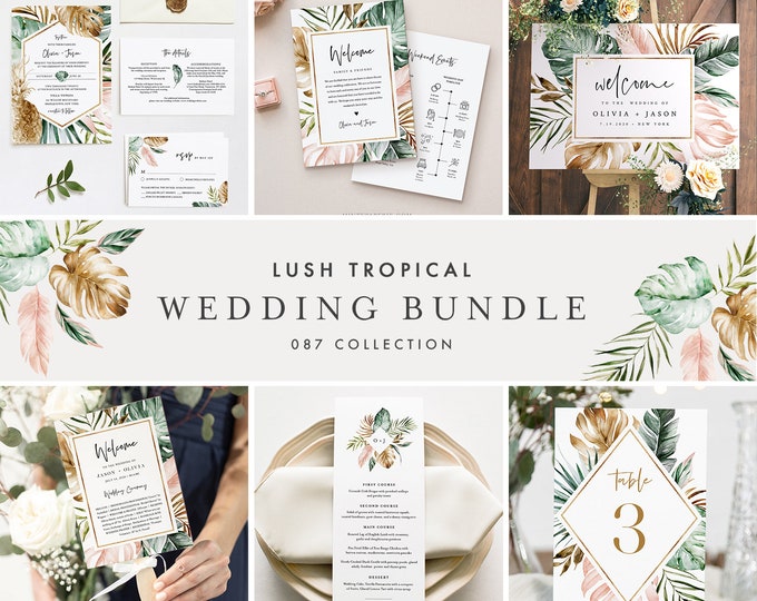 Tropical Wedding Bundle, Beach Wedding Essential Templates, Invitation Suite, 100% Editable Text, Instant Download, Templett #087-BUNDLE