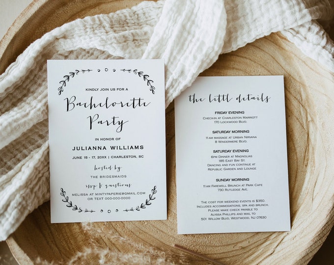 Bachelorette Party Invitation Template, Printable Rustic Bachelorette Invite & Itinerary, Instant Download, Fully Editable, DIY  #031-103BP