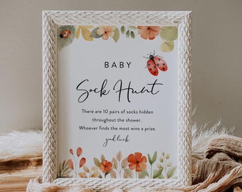 Ladybug Baby Sock Hunt Game, Girl Baby Shower Game, Sock Hunt Sign, Editable Template, Printable, Instant Download, Templett #0069-05BAG