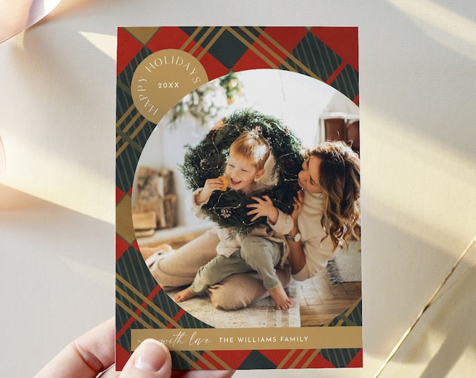 Plaid Holiday Card Template, Modern Photo Christmas Card, Flannel, Editable, Add Your Photos, Instant Download, Templett, 5x7 #159HP