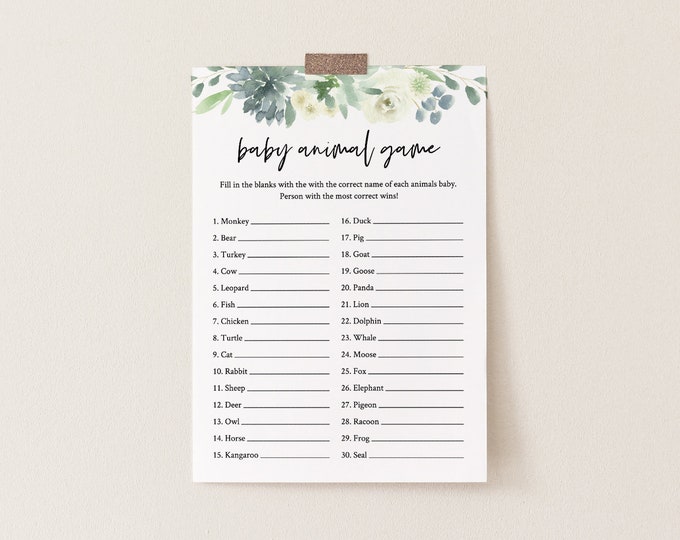 Baby Animal Game, Succulent Baby Shower Game Template, 100% Editable Text, Printable, Instant Download, Templett, DIY #075-143BG