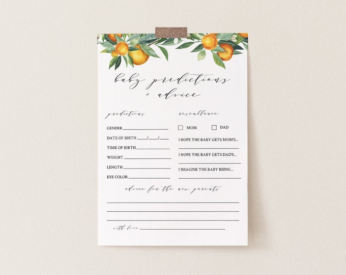 Baby Predictions and Advice Card, Printable Summer Citrus Orange Game, 100% Editable Text, DIY Baby Advice, INSTANT DOWNLOAD #084-142BASG