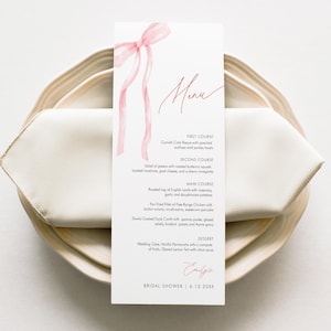 Menu Coquette Pink Bow, Cartão de Menu para Jantar de Chá de Bebê/Noiva para Imprimir, Modelo Editável, Download Instantâneo, Templett #0057-158WM