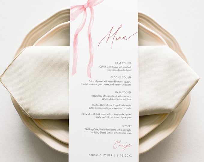 Coquette Pink Bow Menu, Printable Bridal / Baby Shower Dinner Menu Card, Editable Template, Instant Download, Templett #0057-158WM