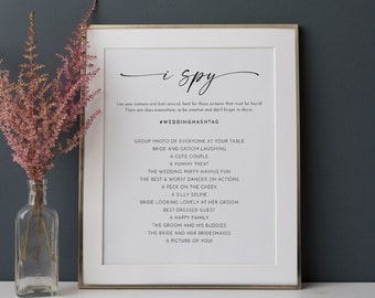 I Spy Wedding Game, Printable Card and Sign, Editable Template, Minimalist Photo Hunt, Hashtag, Instant, Templett, 8x10, 5x7 #0034W-19S