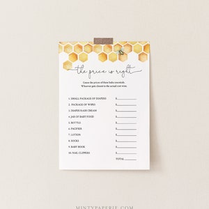 May include: A printable baby shower game with a honeycomb pattern and a bee illustration. The game is called "The Price is Right" and asks players to guess the prices of baby essentials like diapers, wipes, and lotion.