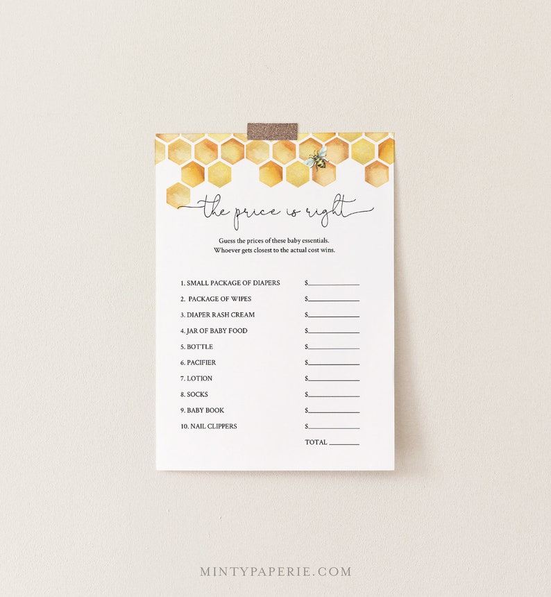May include: A printable baby shower game with a honeycomb pattern and a bee illustration. The game is called "The Price is Right" and asks players to guess the prices of baby essentials like diapers, wipes, and lotion.