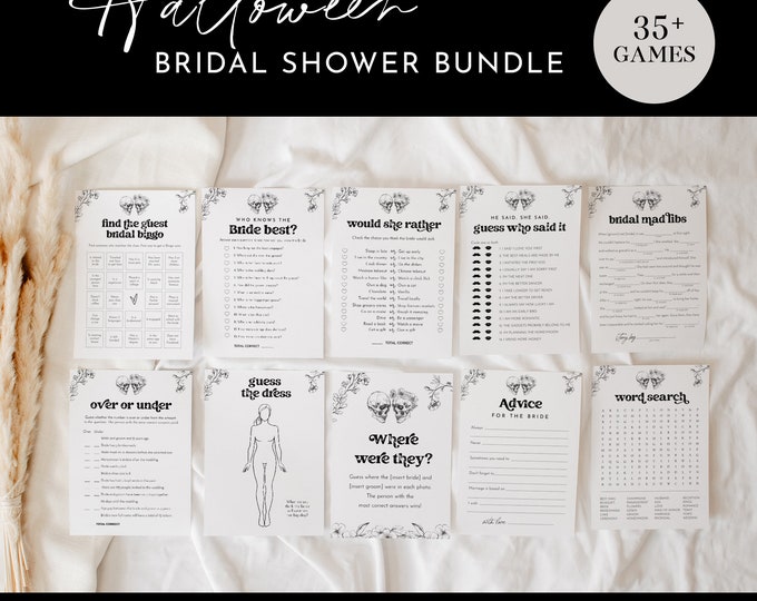 Halloween Bridal Shower Game Bundle, 36 Games, Skull Wedding Shower Games, Editable Templates, Instant Download, Templett #0045BGB