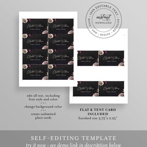 May include: Editable template for creating place cards with a dark background and floral accents. The text reads "Elzatish Williams, Table Twelve". The template is 3.75 inches by 2.25 inches.