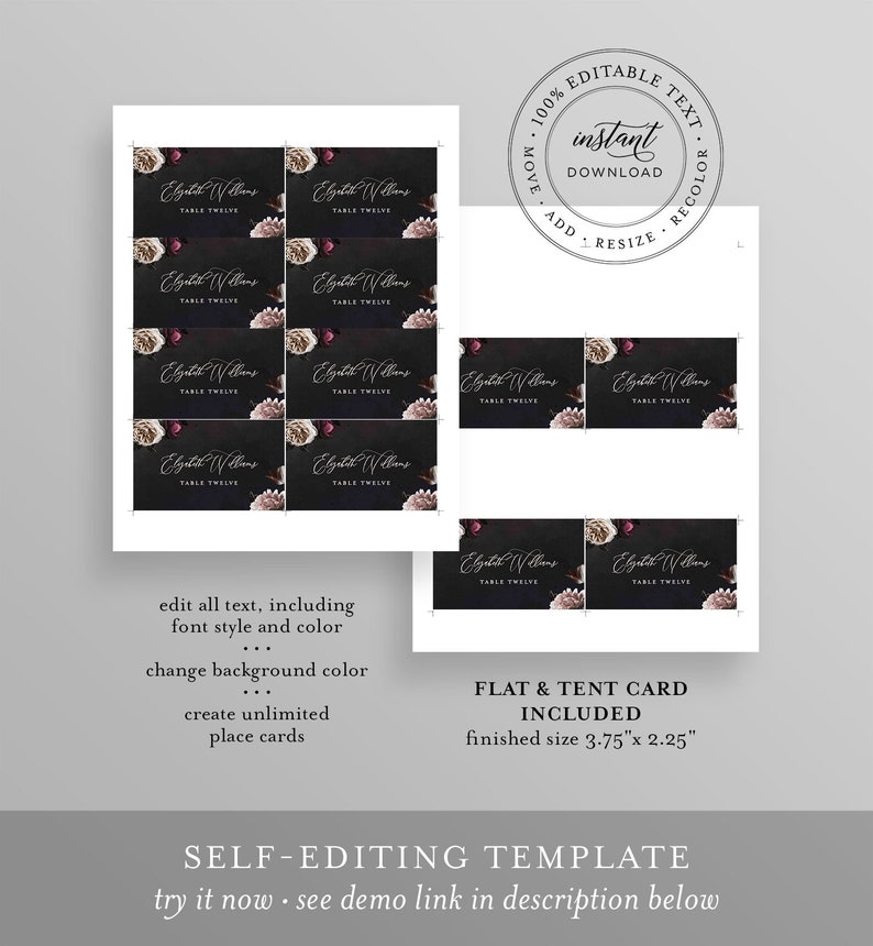 May include: Editable template for creating place cards with a dark background and floral accents. The text reads "Elzatish Williams, Table Twelve". The template is 3.75 inches by 2.25 inches.
