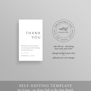 May include: A thank you card template with the text "THANK YOU" and "We thank you for your continuous love and support and for spending this special day with us."  The text "ANDREW LULU" is below the message.  The card is a self-editing template with the text "100% EDITABLE TEXT instant DOWNLOAD MOVE ADD RESIZE RECOLOR edit all text, including font style and color change background color upload your own images SELF-EDITING TEMPLATE try it now see demo link in the item details".