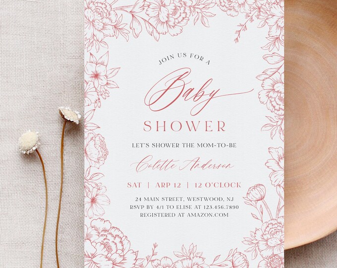 French Toile Baby Shower Invitation, Vintage Floral Invite, Chinoiserie, Girl, Editable Template, Instant Download, Templett #0062-257BA