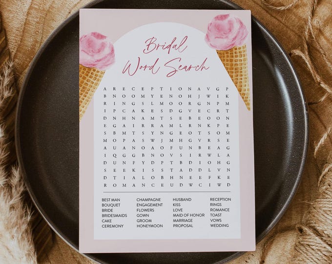 Ice Cream Word Search Game, Summer Bridal Shower Word Find Game, Here's the Scoop, Word Puzzle, Instant Download, Templett #0035-20BRG
