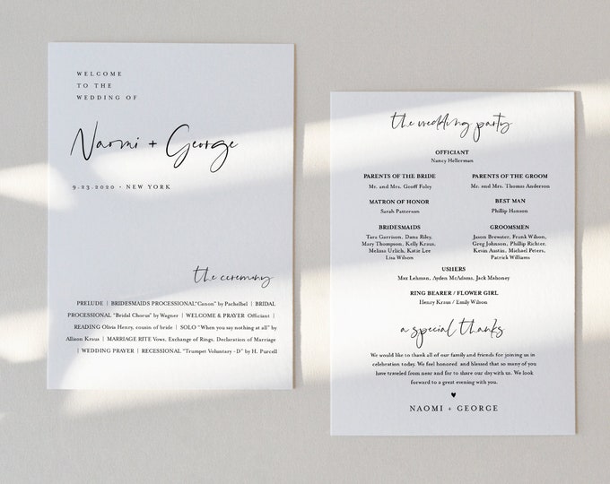 Modern Wedding Program, Fan or Flat Program, Minimalist & Simple Order of Service, Editable Template, Instant Download, Templett #096-426WP