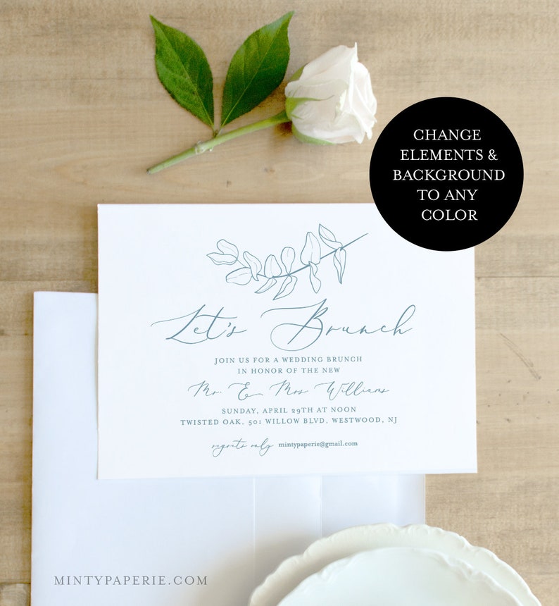 Self-Editing Wedding Brunch Invitation Template, INSTANT DOWNLOAD, 100% Editable, Printable Eucalyptus Post Wedding Brunch Invite 105BR image 2