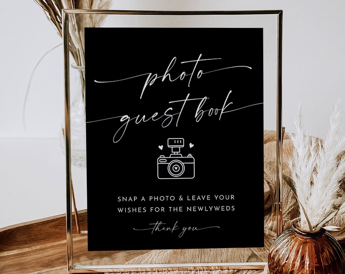 Photo Guestbook Sign, Classic Black Wedding Guest Book Sign, Minimalist, Editable Template, Instant Download, Templett, 8x10 #0034B-27S