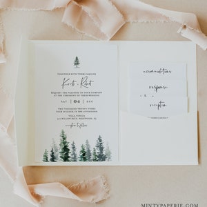 Winter Pine Pocket Wedding Invitation Set, Pine Tree Invite & Enclosure Cards, Instant Download, 100% Editable Text, Templett #073PF