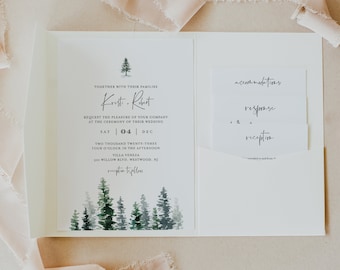 Winter Pine Pocket Wedding Invitation Set, Pine Tree Invite & Enclosure Cards, Instant Download, 100% Editable Text, Templett #073PF