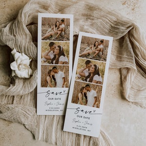 Fotostreifen Save the Date, Photo Booth Hochzeit Datum Karte, bearbeitbare Vorlage, minimalistisch, Sofort Download, 2.5x7 #0034W-206SD