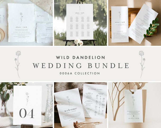 Wedding Bundle, Dandelion Invitation Suite + Wedding Essentials, Billy Button, Wildflower, 100% Editable Templates, Templett #0006A-BUNDLE