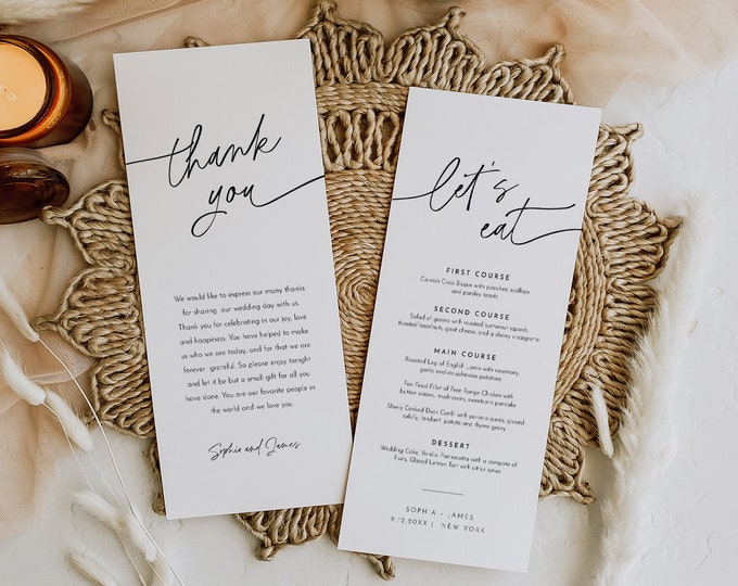 Wedding Menu and Thank You Card, Printable Modern Dinner Menu Template, Thank You Note, Editable Text, Instant, Templett, 4x9 #0032-221WM