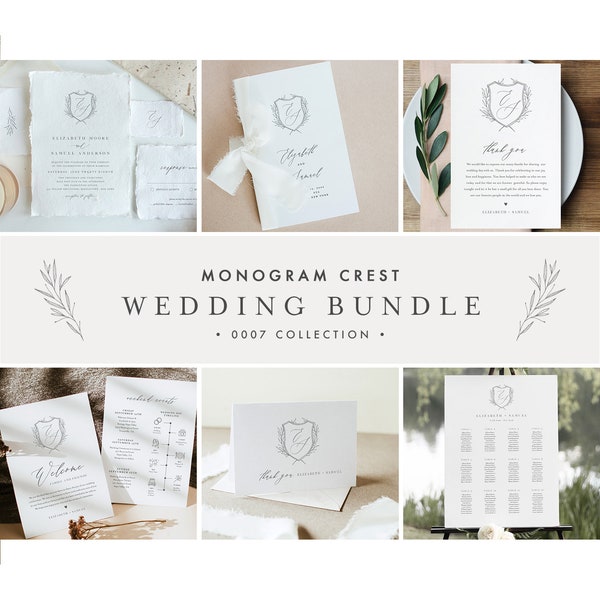 Monogram Crest Wedding Bundle, Complete Essentials Template, Simple Invitation Suite, 100% Editable, Instant Download, Templett #0007-BUNDLE