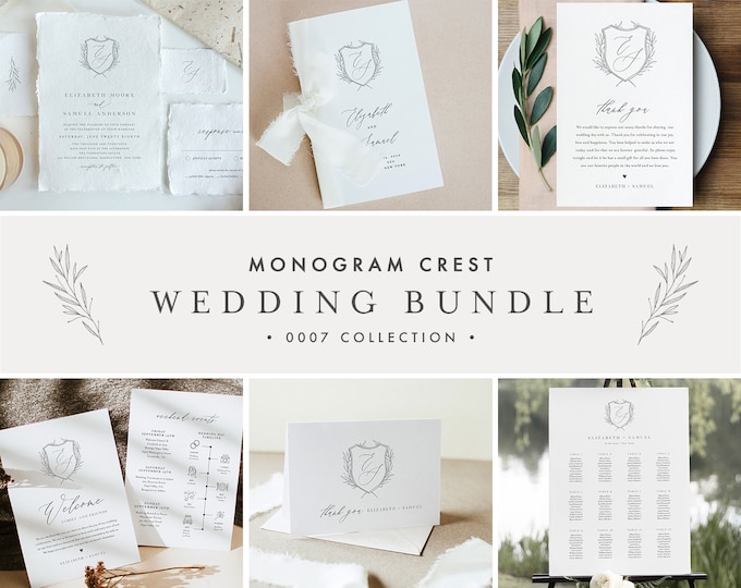 Monogram Crest Wedding Bundle, Complete Essentials Template, Simple Invitation Suite, 100% Editable, Instant Download, Templett #0007-BUNDLE