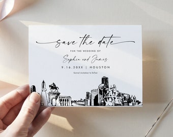 Houston Skyline Save the Date, City Destination Wedding Houston Wedding Date, Editable Template, Instant Download, Templett, 5x7 #0047-212SD