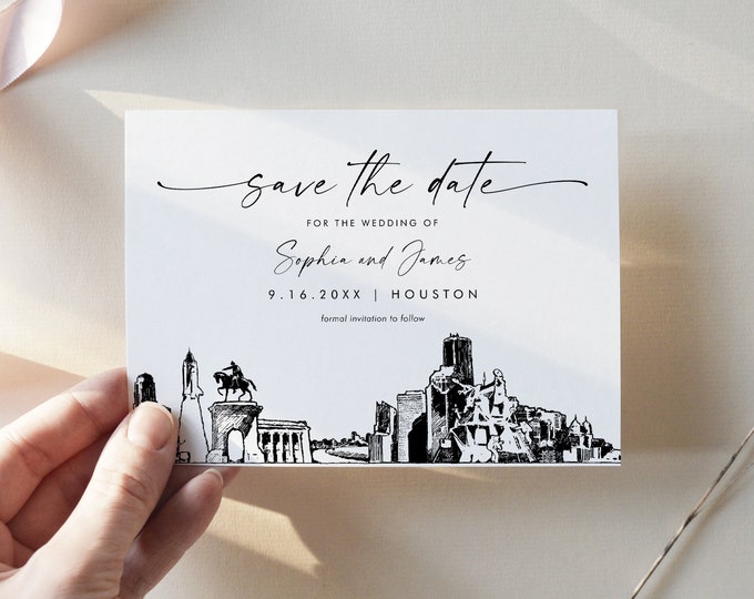 Houston Skyline Save the Date, City Destination Wedding Houston Wedding Date, Editable Template, Instant Download, Templett, 5x7 #0047-212SD