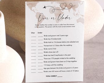 Travel Over or Under Bridal Shower Game, Printable World Map Wedding Shower, Editable Template, Instant Download, Templett #0039-10BRG