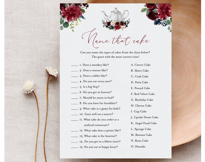 Name That Cake Bridal Shower Game, Printable Tea Party Bridal Game Template, Instant Download, 100% Editable Text, Templett, 5x7 #085B-244BG