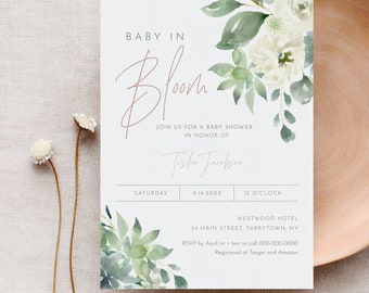 May include: A baby shower invitation with a watercolor floral design in shades of green and white. The text reads "Baby in Bloom" and includes the name "Tisha Jackson", the date "9.16.20XX", the time "12 O'Clock", the location "Westwood Hotel", and the address "24 Main Street, Tarrytown, NY".