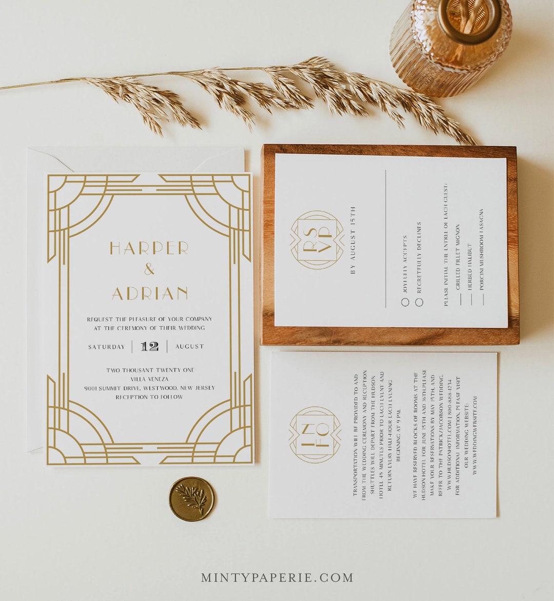 Art Deco Wedding Invitation, Printable Retro Black and Gold Wedding