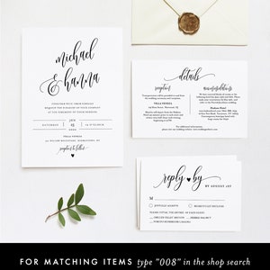 Puede incluir: Elegante juego de invitaciones de boda con texto caligr&aacute;fico. Incluye invitaci&oacute;n, tarjeta de detalles, tarjeta de respuesta y sobre con sello de cera. Presenta los nombres "Michael & Hanna" y detalles de la boda.
