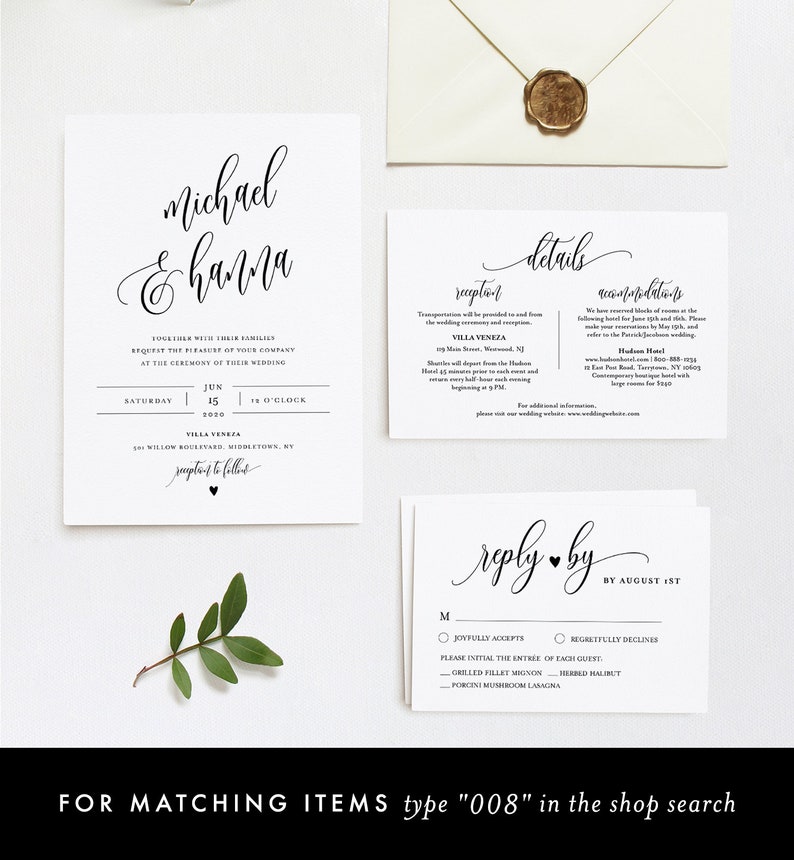 Puede incluir: Elegante juego de invitaciones de boda con texto caligr&aacute;fico. Incluye invitaci&oacute;n, tarjeta de detalles, tarjeta de respuesta y sobre con sello de cera. Presenta los nombres "Michael & Hanna" y detalles de la boda.