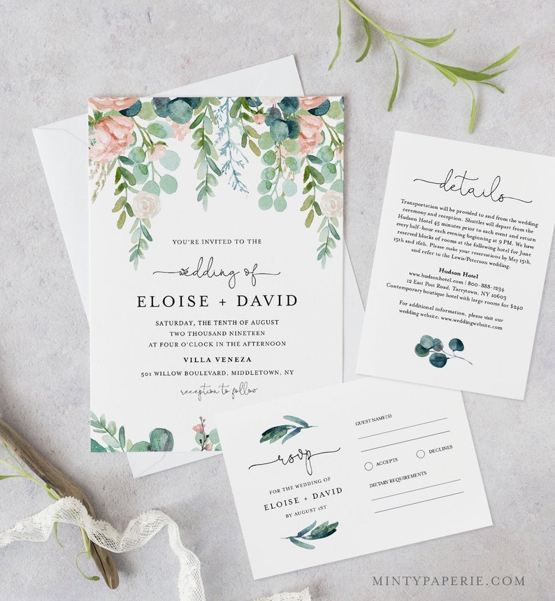May include: Wedding invitation with a watercolor floral design in shades of pink, green, and blue. The invitation features the text "You're invited to the wedding of Eloise + David" and details the date, time, and location of the ceremony. The RSVP card includes a floral design and the text "RSVP for the wedding of Eloise + David by August 1st".