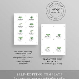 May include: Editable template for creating place cards with a tropical leaf design. The template includes 8 place cards with the text "Ashley Peterson Table Two". The template is 9.5 cm by 5.7 cm.