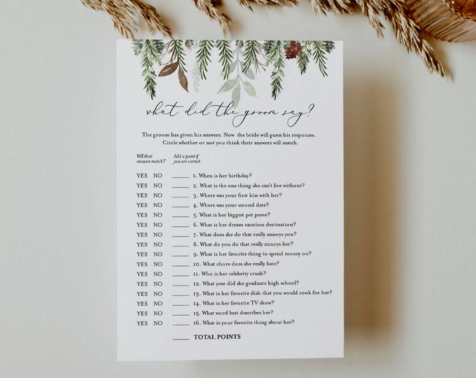 Pine What Did the Groom Say, Bridal Shower Game, Printable Winter Bridal Game, Editable Template, Instant Download, Templett 5x7 #0017-340BG