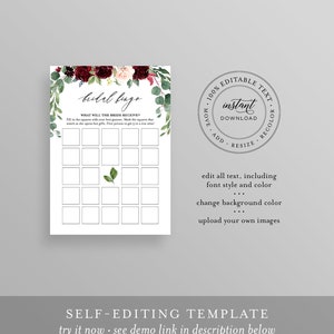 Bridal Shower Bingo Game, Instant Download, Printable Boho Floral Bridal Bingo Shower Game Template, Editable Text, DIY, Templett #062-127BG image 2