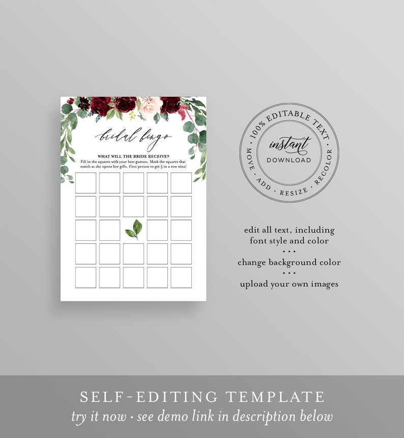 Bridal Shower Bingo Game, Instant Download, Printable Boho Floral Bridal Bingo Shower Game Template, Editable Text, DIY, Templett #062-127BG image 2