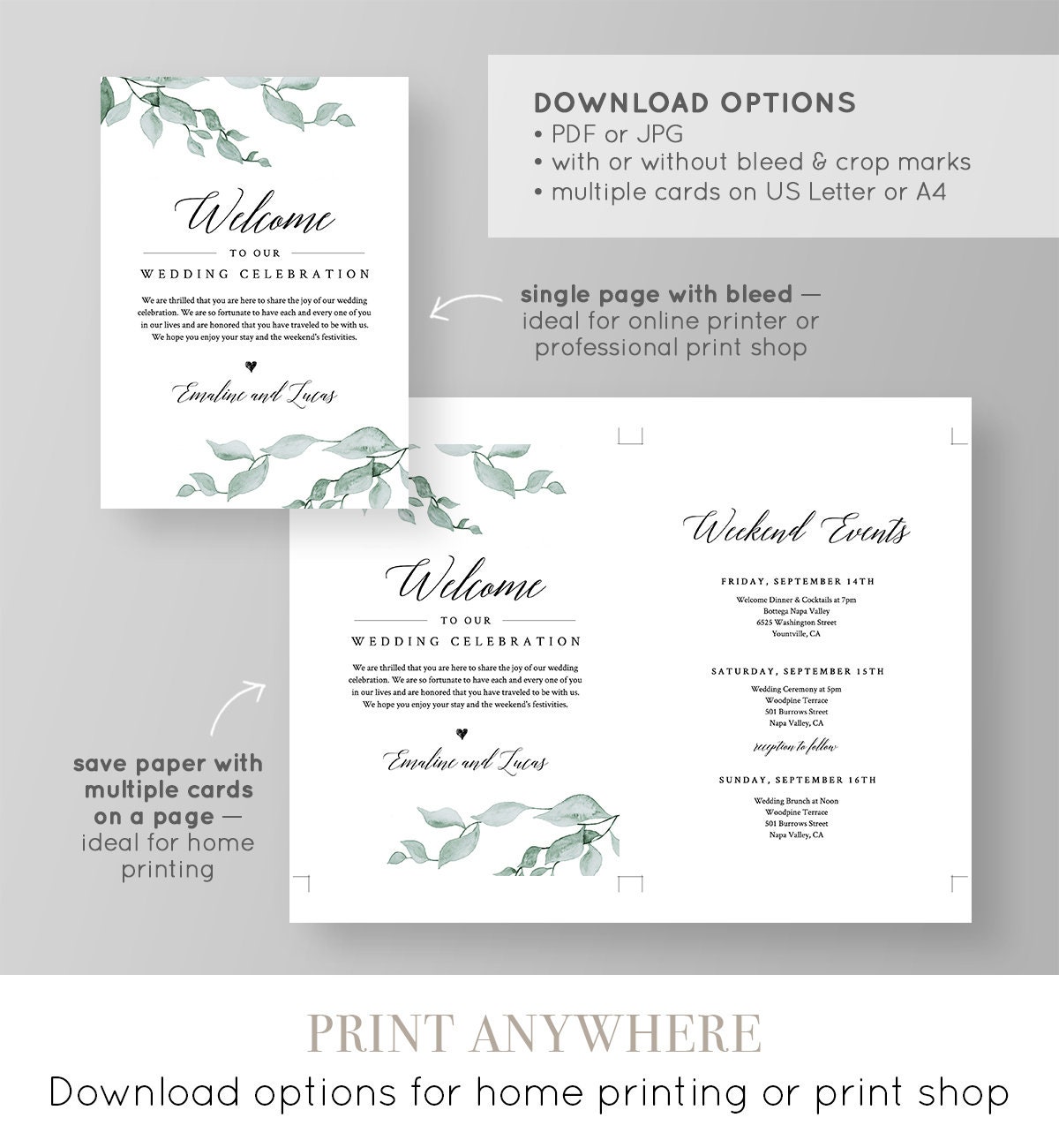 Welcome Letter Template, Wedding Itinerary Card, Greenery Welcome Bag