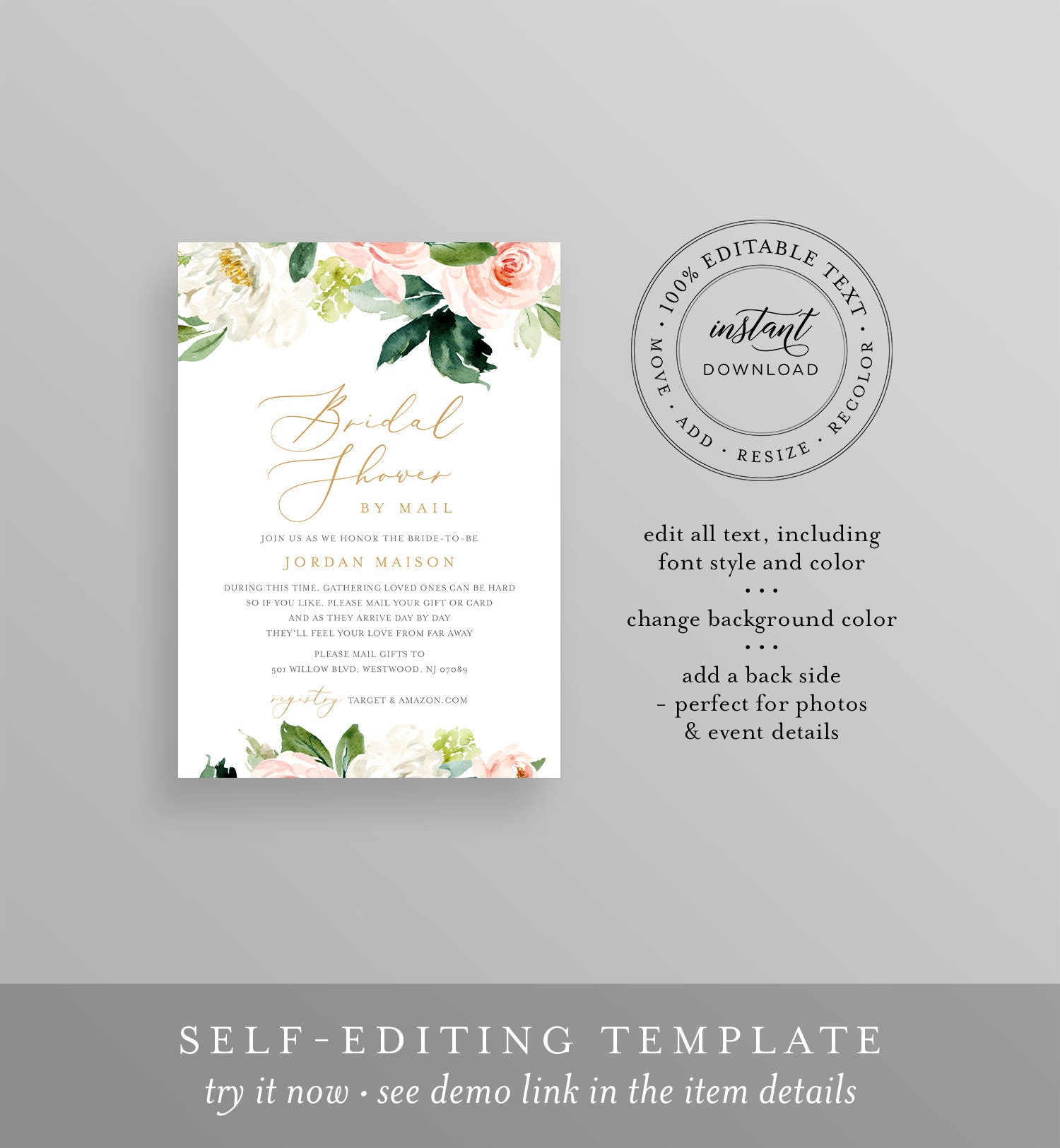 Bridal Shower by Mail Invitation Template, Editable Social ...