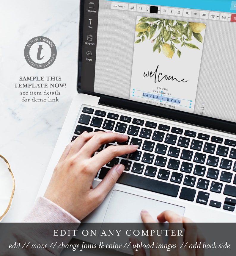 May include: A laptop computer with a white background and a screen displaying a wedding invitation template with a lemon and leaf design. The text on the screen reads "welcome to the wedding of Layla + Ryan 5.18.21 - New York". The laptop keyboard is visible with a hand typing on it.