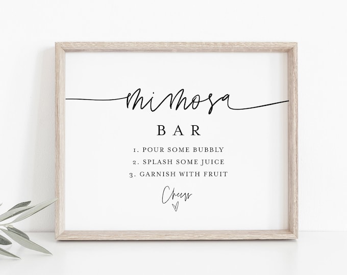 Mimosa Bar Sign & Tag, Bridal Shower Mimosa Sign, Wedding Mimosa Bar, Bubbly Bar, Editable Template, Instant Download, Templett #0009-58S