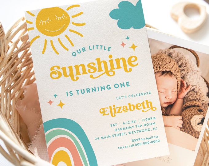 Sun 1st Birthday Party Invitation, Our Little Sunshine, Sun Burst, Retro, Editable Template, Instant Download, Templett #0049-140BD